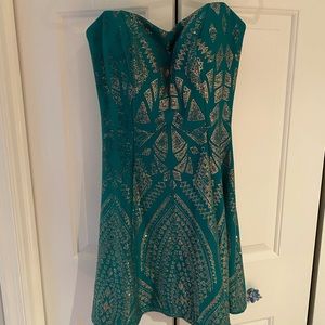 Green with Gold Glitter Patterned Strapless Dress